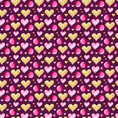 Watercolor illustration. Seamless watercolor pattern on a bright pink background with hearts and geometric shapes. Digital paper for background, printing, scrapbooking, etc.