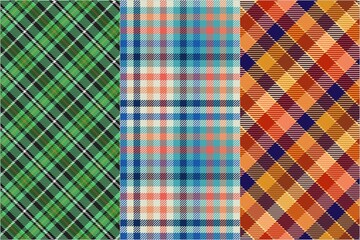 set of  3 traditional fabrick seamless textures for gingham, plaid, tablecloths, shirts, clothes, dresses, bedding, blankets, tartan with green, light blue and warm terracotta colors