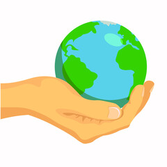 Happy Earth Day! Vector eco illustration for social poster, banner or card on the theme of saving the planet.
Hand close the planet from pollution, save the planet, save energy, Earth day concept. Col