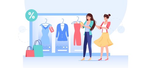 Vector cartoon flat woman characters try new dress outfit.Girls choose fashionable dresses discounts at fashion shop fitting room computer app screen-online clothing store,web site banner ad concept