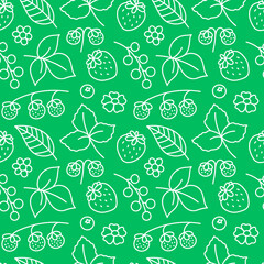 Simple and cute summer doodle style pattern. Berries and leaves on a green background. Elegant decor for textiles, fabrics and packaging. 