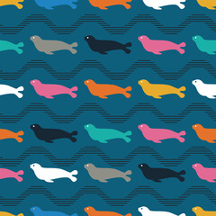 .Seal seamless pattern. Multicolored cartoon sea-calfs  and striped waves on a blue background. Wildlife vector illustration.