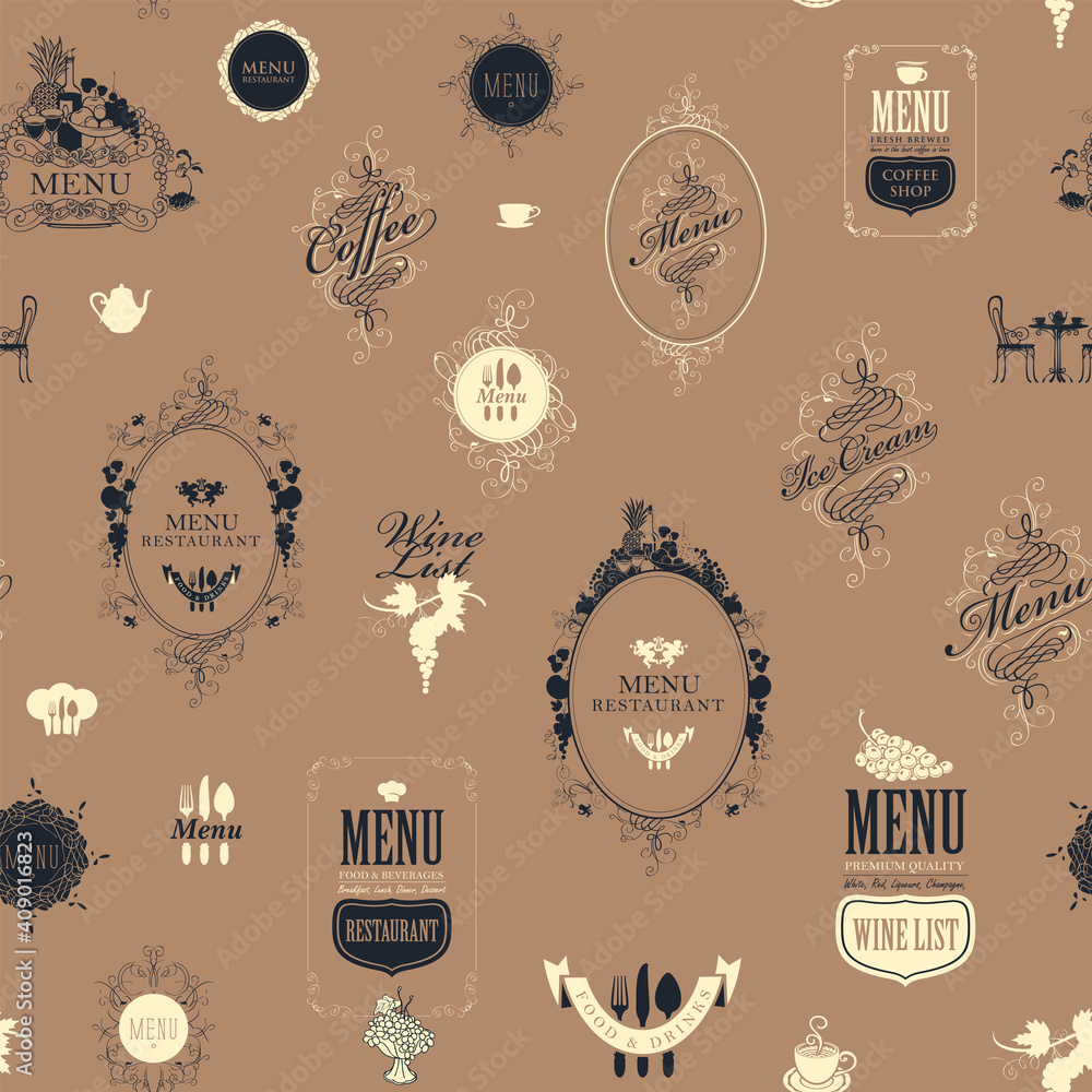 Poster seamless pattern on the theme of restaurant or cafe menu in vintage style. elegant vector background
