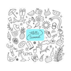Hello summer doodle vector illustration. Summer and beach signs and symbols are hand drawn, black white isolated. Eps10