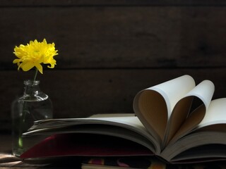 Chrysanthemum morifolium Ramat flowers in small glass bottle and blurred a Book page rolls,like...