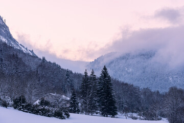 French winter landscapes. Panoramic view of mountain peaks and canyons. Vercors Regional Natural Park.