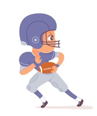 Boy playing rugby with ball. Happy kid doing healthy exercise vector illustration. Cute child player in uniform and helmet running fast isolated on white background. Sport class