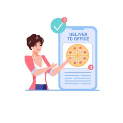 Vector cartoon flat woman character offers to make online orders buy.Happy girl invites order pizza on mobile phone app screen-food delivery online service,internet shop,web site banner ad concept