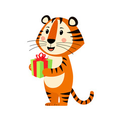 Cute cartoon striped red tiger. Tiger with a gift in his hands. Printing for children's T-shirts, greeting cards, posters. Hand-drawn vector stock illustration isolated on a white
