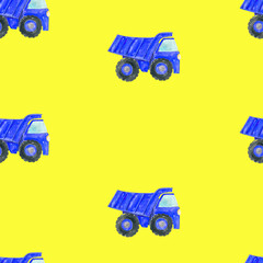 Seamless pattern of a blue construction truck on a yellow background Kids design for wallpaper, fabric, textiles, clothing