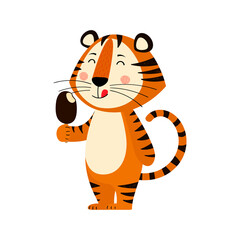 Cute cartoon striped red tiger. Tiger eats popsicle ice cream. Printing for children's T-shirts, greeting cards, posters. Hand-drawn vector stock illustration isolated on a white
