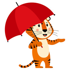 Cute cartoon striped red tiger. A tiger with a red umbrella in the rain. Printing for children's T-shirts, greeting cards, posters. Hand-drawn vector stock illustration isolated on a white