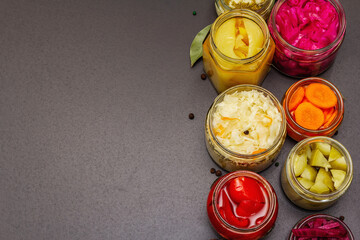 Assorted of fermented vegetables in glass jars