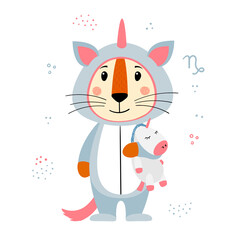 Cute cartoon striped red tiger. A tiger in kigurumi with a toy unicorn in his hand. Printing for children's T-shirts, greeting cards, posters. Hand-drawn vector stock illustration isolated on a white