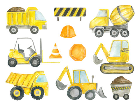Collection of construction machines watercolor hand painted Dump truck, excavator, bulldozer, tractor, concrete mixer