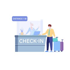 Vector cartoon flat airport employee character stand behind check in counter,shows coronavirus prevention,covid protection measures-wearing face mask,social distancing,medical treatment concept