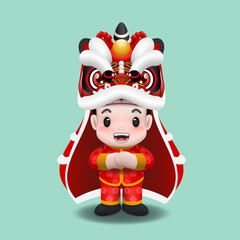 Cute asian boy celebrate Lunar new year festival by dancing with Lion dance performance. Chinese tradition realistic 3d clip art.