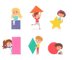 Cute kids holding geometric shapes set. Primary school education worksheet vector illustration. Little boys and girls with square, triangle, star, rectangular, rhomb, circle on white background