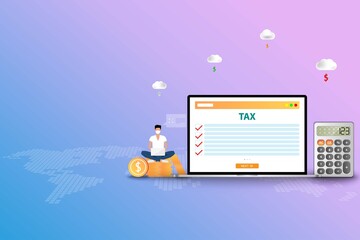Business concept of online tax, businessman wear a medical face mask and working on top of coin stack to check the list of tax and calculate for this physical year.