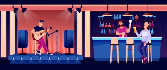 People in night bar or pub. Bartender at counter, young man playing guitar in spotlight. Evening recreation activities vector illustration. Horizontal panorama
