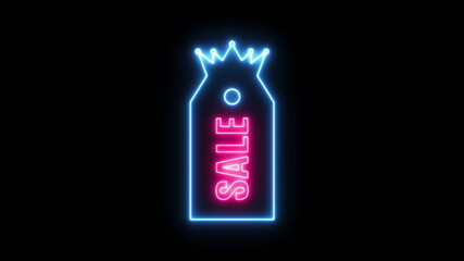 Label with crown, sticker, tag. Sale neon sign banner backgroun. Concept of sale and clearance. Blue tag and Pink crown color. FONT ANTONIO (OFL Apache LICENSES).