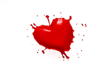 Red liquid spread look like heart shape on white background 3d rendering. 3d illustration Water spread of Love and Valentines Day greeting card template minimal concept. Clipping path included.