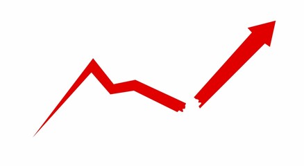 A broken red downward trend arrow, reversed to trend upwards. Symbol of disruption, reversal of losses, stock manipulation, profit, growth and turnaround.