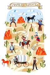 Wild west characters in desert with cactus and rocks. Western american people in wilderness vector illustration. Horseman with lasso, man with wagon, sheriff, indian man, woman with rifle