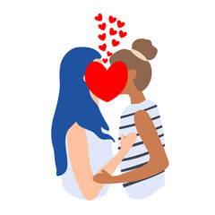 Two girls kiss . Lesbians. Gentle hug and kisse. Woman with long blue hair and lock of hair. Vector illustration isolated on white background.	Valentine concept. 