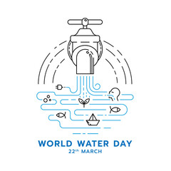 world water day banner with abstract line water falling from the tap and Icons about the benefits of water symbol vector design - obrazy, fototapety, plakaty