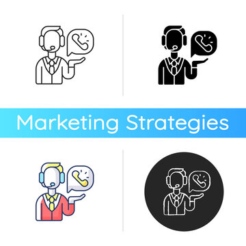 Telemarketing icon. Method of direct marketing in which salesperson proposes customers to buy products or services. Linear black and RGB color styles. Isolated vector illustrations