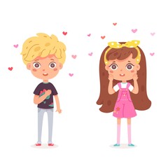 Obraz na płótnie Canvas Boy likes girl, children in love. Happy cute kids smiling. Little beautiful cartoon characters in romance. Romantic couple vector illustration. Sweet girl in dress and school kid with hearts
