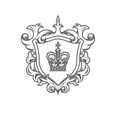 Heraldic monarch blazon, imperial coat of arms with shield and ornate pattern, royal ancestral crest, vector