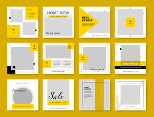 Big set of social media layouts with yellow elements, Real estate templates for instagram and facebook, corporate business graphics for digital marketing - 409023049