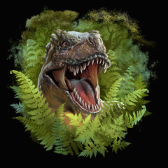 The head of a dinosaur peeps out of the ferns. Watercolor drawing. Black background