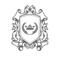 luxury imperial coat of arms template, laced heraldic shield with king crown, ancestral medieval crest or blazon,  vector