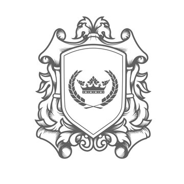 luxury imperial coat of arms template, laced heraldic shield with king crown, ancestral medieval crest or blazon,  vector