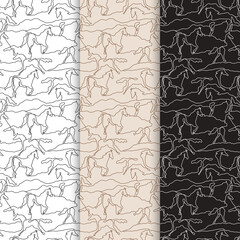 Pattern set with linear horse outlines black. Three color opctions. Vector illustration for backgrounds, textile, wallpapers and other designs.