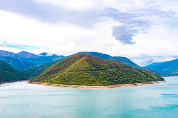 mountains and lake, dam in the mountains. Zhinvali water reservoir. Zhinvali dam.