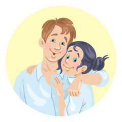 Avatar icon of a young happy couple of man and woman. In cartoon style. In the yellow circle. Isolated on white background. Vector flat illustration