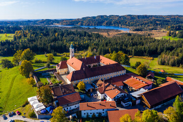 Aerial view of Reutberg Monastery, near Sachsenkam, Upper Bavaria, Bavaria, Germany,