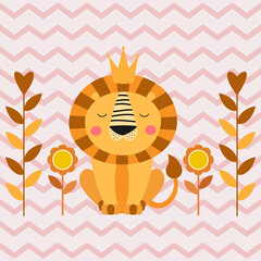Cute cartoon lion in jungle. Funny animal character flat style.