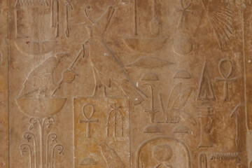 Ancient egyptian hieroglyphs carved on the stone wall