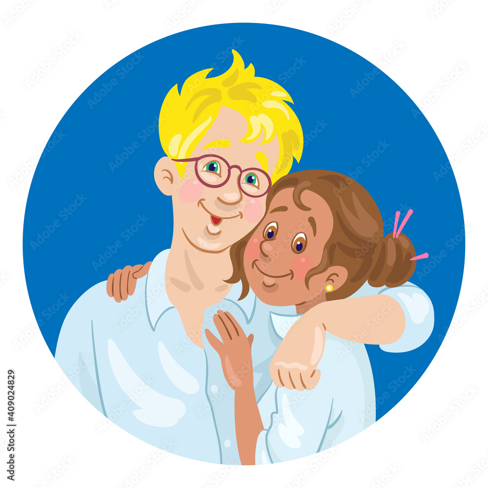 Canvas Prints Avatar icon of a young happy international couple of man and woman. In cartoon style. In the blue circle. Isolated on white background. Vector flat illustration