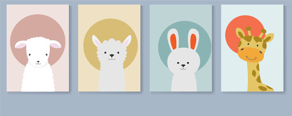 Poster collection with cute animals, sheep, lamb, llama, rabbit and giraffe.