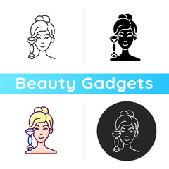 Quartz facial roller icon. Reducing inflammation. Promoting wound healing. Preventing puffiness, wrinkles under eyes. Linear black and RGB color styles. Isolated vector illustrations