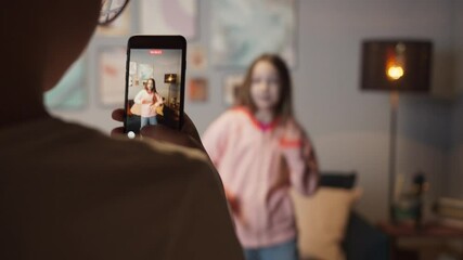 Kids making dance video for social media network, team friend girl and boy dancing, boy using phone application and streaming happy blogger fun activity challenge, children hobbies games after school