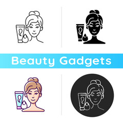 Makeup sponge icon. Foundation, concealer, beauty balms applying. Teardrop-shaped sponge. Achieving sheer makeup application. Linear black and RGB color styles. Isolated vector illustrations