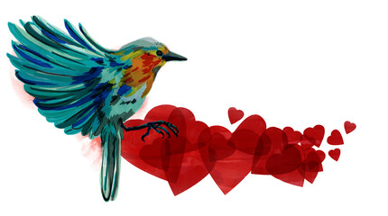 Fototapeta premium Ilustración de pájaro (petirrojo) con patrón de corazones (textura de acuarela transparente). Ilustración para el día de San Valentín, cumpleaños o boda con espacio para texto