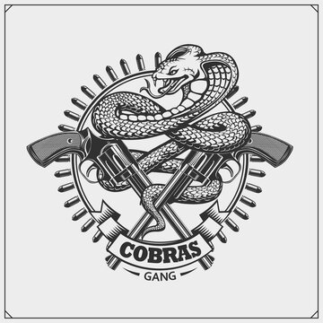Emblem whith gun and cobra. Print design for t-shirts.